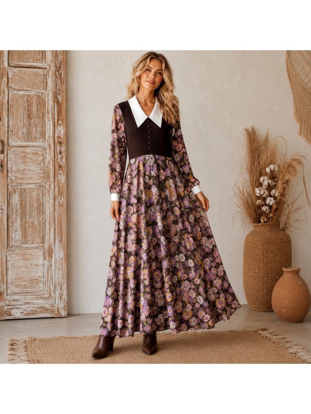 Vintage Handmade 70s Flora Brown Purple Maxi Dress S